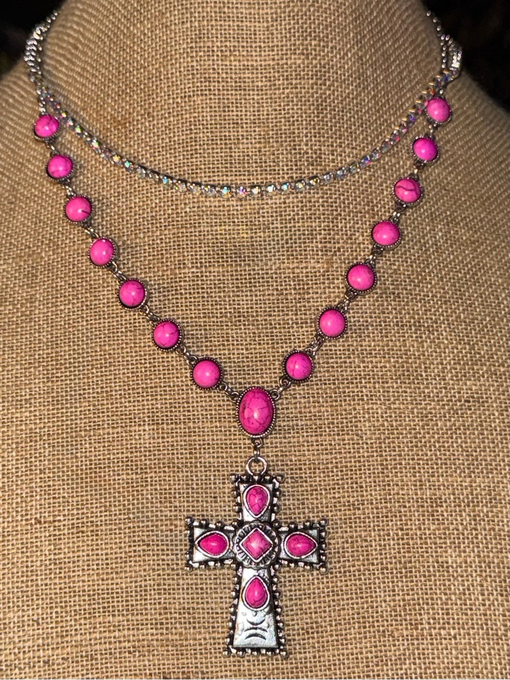 Emma 2 Layer Cross Pink Pendant AB Necklace Silver Tone NEW